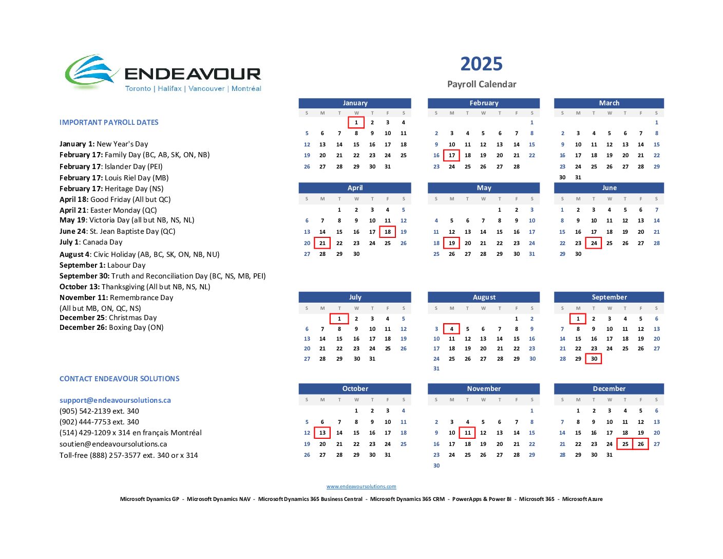 Microsoft Dynamics Canadian Payroll 2020 calendar